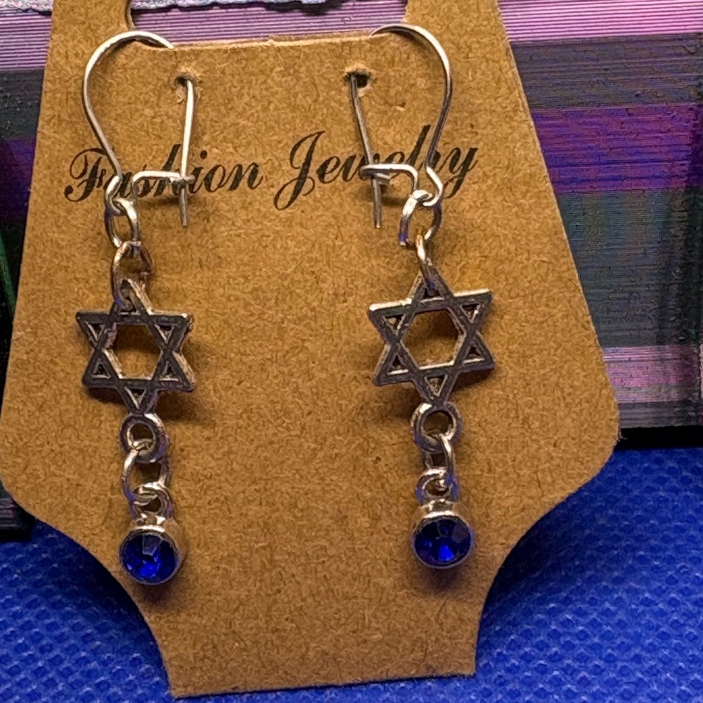 Silver Star of David Earrings with Blue Accents